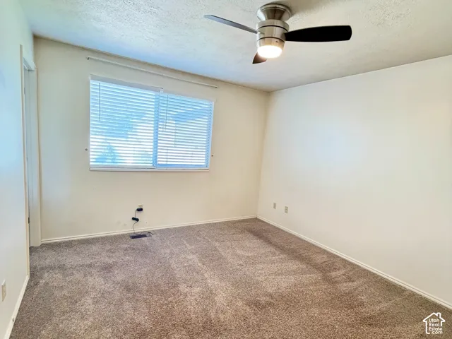 Neutral-toned wall-to-wall carpeting, ceiling-mounted light fixture with matte black fan blades, and horizontal window blinds