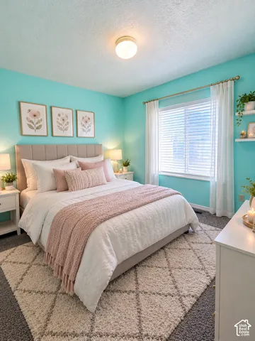 Room featuring wall-to-wall carpeting, horizontal window blinds, and two wall-mounted floating shelves