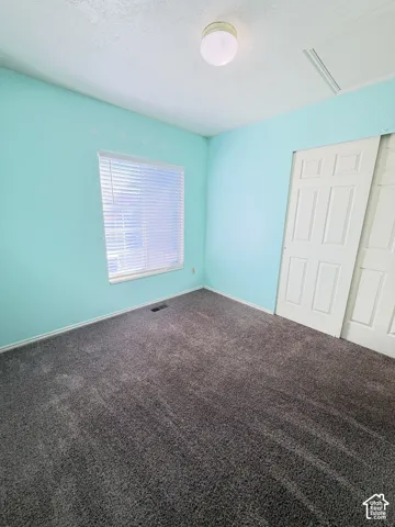 Room featuring wall-to-wall carpeting, a single window with horizontal blinds, a six-panel closet door, and a ceiling-mounted light fixture