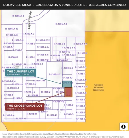 Map: Both lots, one parcel row from the Canaan Mountain Wilderness (county GIS; approximate)