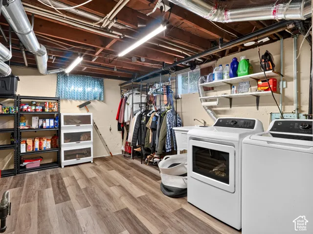 Utility area featuring wood-finish flooring, a white porcelain utility sink, and exposed ceiling joists with industrial-style overhead lighting