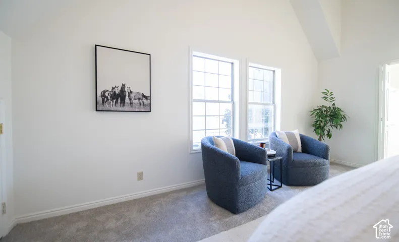 Vaulted ceilings, neutral carpeting, and multi-pane windows