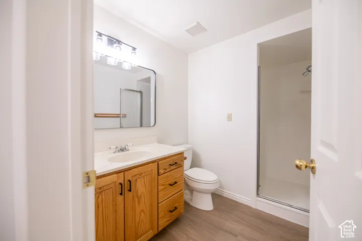 Bathroom featuring a wood-finish vanity with drawer storage, integrated sink, wall-mounted mirror with attached vanity lighting, and a glass-enclosed shower stall