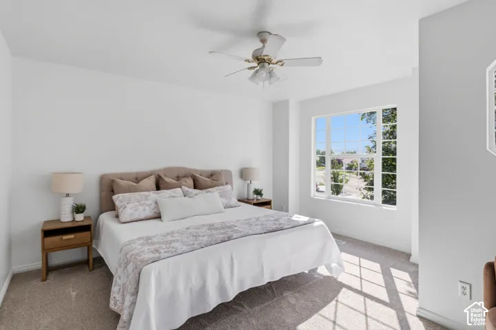 Neutral wall palette, multi-pane window, and white ceiling fan with integrated lighting