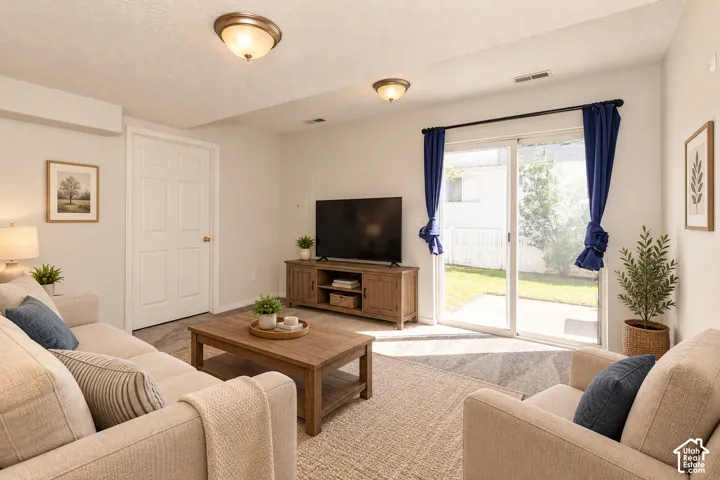 Living area featuring neutral wall paint, two flush-mount ceiling light fixtures, and a sliding glass door providing access to the exterior