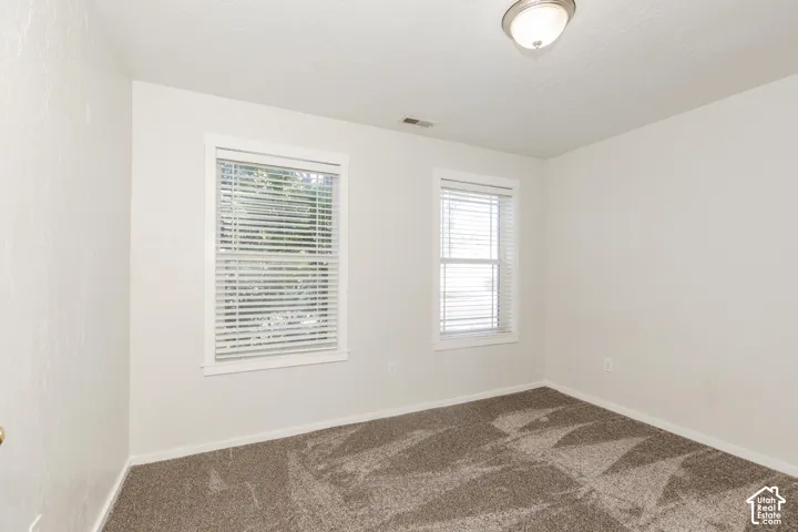 Interior room featuring wall-to-wall carpeting, neutral-toned walls, two windows with integrated blinds, and a dome-style ceiling light fixture