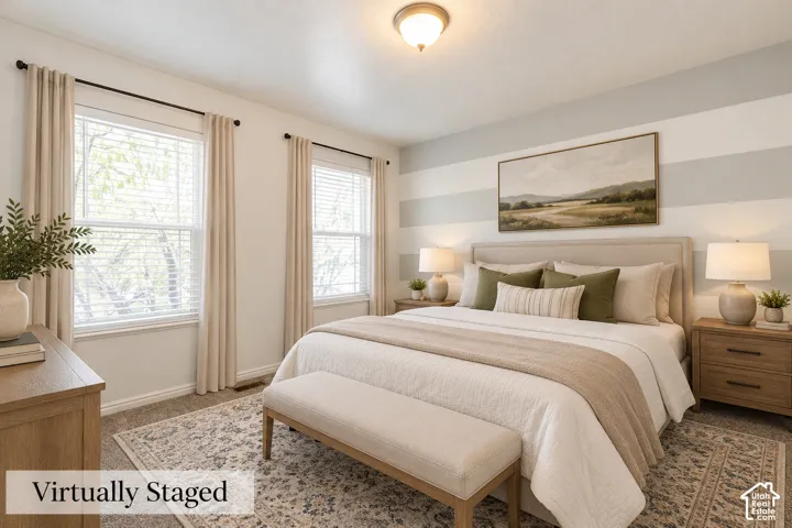 Neutral wall treatment featuring horizontal painted stripes, dual windows with decorative rods, and a ceiling-mounted light fixture