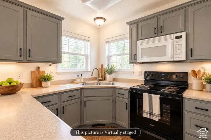 Kitchen featuring grey shaker-style cabinetry, solid-surface countertops, dual-basin corner sink, and black appliance suite including a built-in microwave