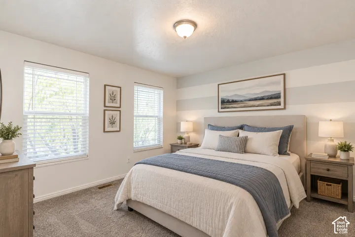 Neutral carpeting, two windows with horizontal blinds, decorative wall striping, and a flush-mount ceiling light fixture