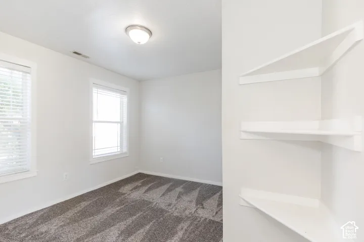 Interior space featuring neutral wall tones, plush wall-to-wall carpeting, built-in corner shelving, dual windows with horizontal blinds, and a dome ceiling light fixture