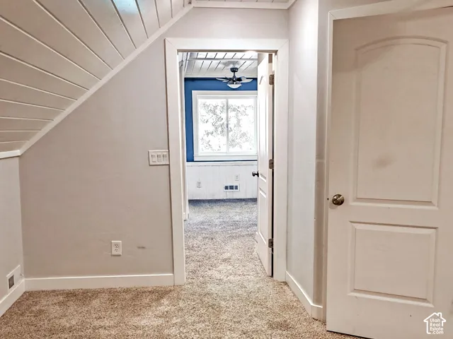Sloped ceiling with white tongue-and-groove paneling, multi-panel interior door with brushed metal hardware, and carpeting