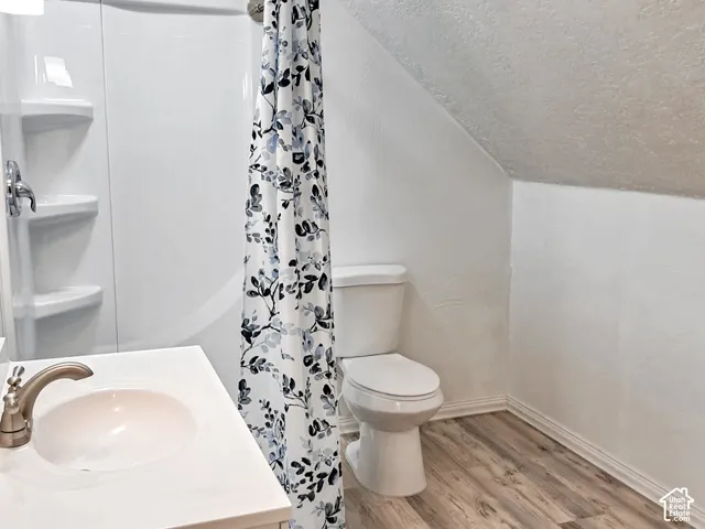 Bathroom featuring a white vanity with an integrated sink, polished metal faucet, wood-finish flooring, and a shower stall with built-in shelving