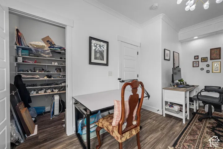 Wood-finish flooring, multi-panel interior doors, recessed ceiling lighting, and built-in shelving
