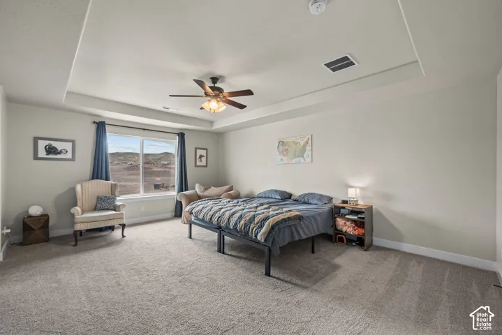 Tray ceiling with a central multi-blade ceiling fan and wall-to-wall carpeting