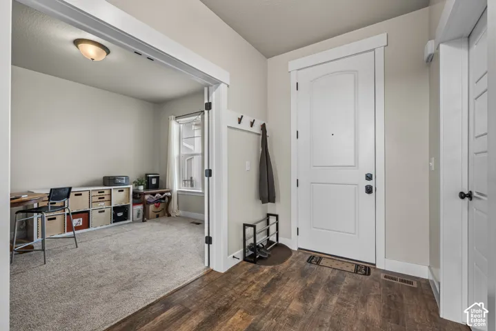 Entryway featuring wood-finish flooring, a solid core door with a white-painted casing, and wall-mounted coat hooks
