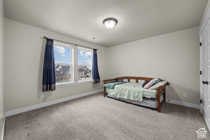Neutral interior space featuring wall-to-wall carpeting, dual-pane windows, and a flush-mount ceiling light fixture