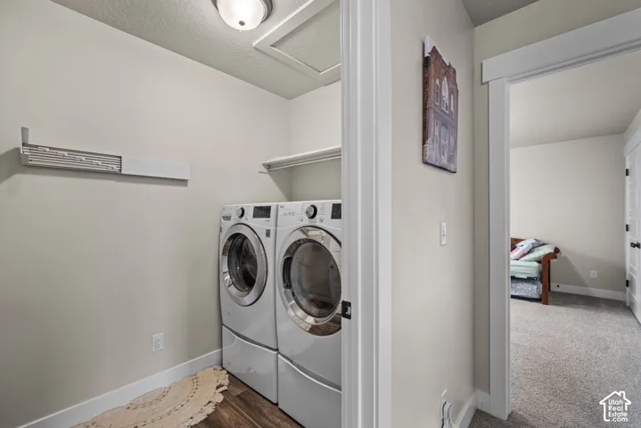 Laundry area featuring wood-finish flooring, overhead dome lighting, and built-in shelving