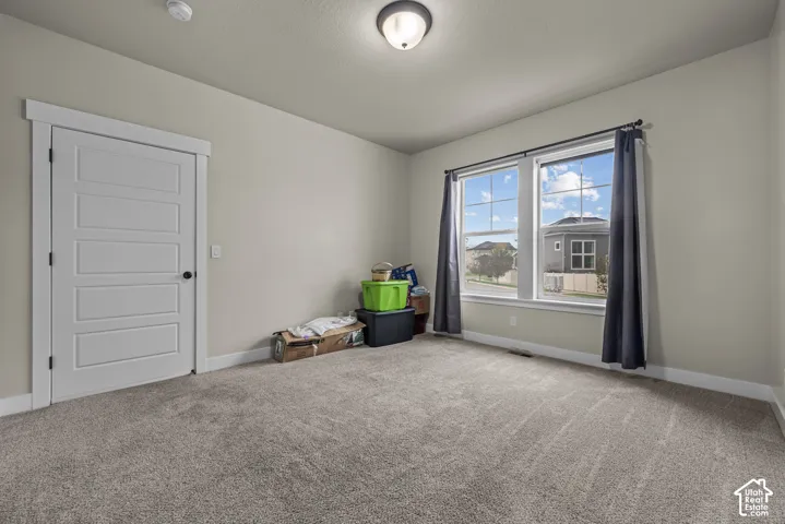 Neutral interior featuring plush wall-to-wall carpeting, a multi-panel interior door with wide trim, and dual-pane windows with grid detailing