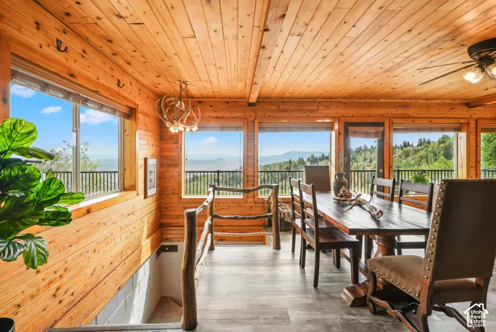 Natural tongue-and-groove wood wall and ceiling, large picture windows with expansive mountain and valley scenery, custom rustic log-style staircase railing, and statement antler-themed chandelier