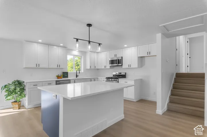 NEW Kitchen Featuring White Shaker Cabinets, Navy Shaker Oversized Island & Quartz Countertops