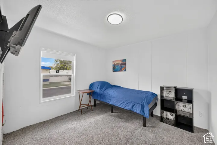 Room featuring neutral wall-to-wall carpeting, white panel walls, and a single-hung window with a roller shade