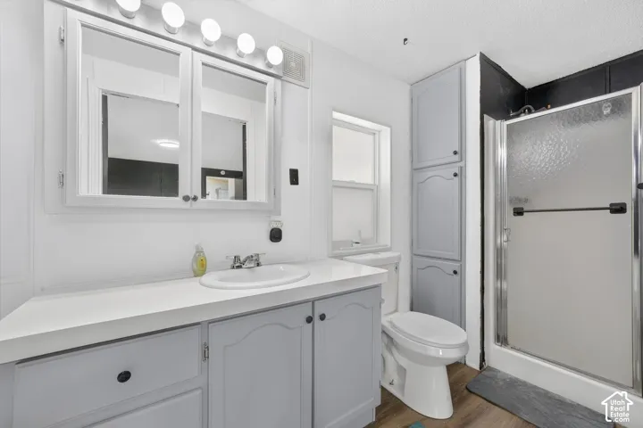 Bathroom featuring a vanity with integrated cabinetry, solid surface countertop, inset sink, and matching built-in floor-to-ceiling storage, complemented by a walk-in shower with a glass enclosure and wood-finish flooring