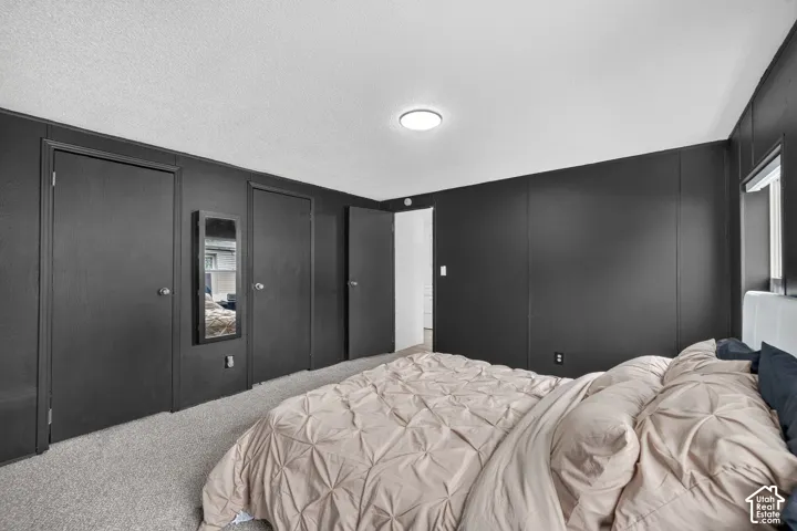 Interior room featuring textured ceilings, high-contrast dark wall paneling, flush-mount ceiling lighting, and neutral carpeting