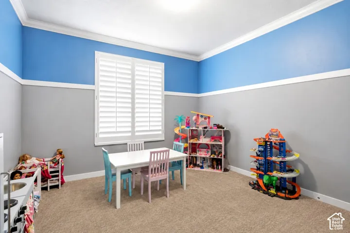 Neutral-toned carpeting, two-toned wall paint with decorative chair rail molding, and plantation shutters