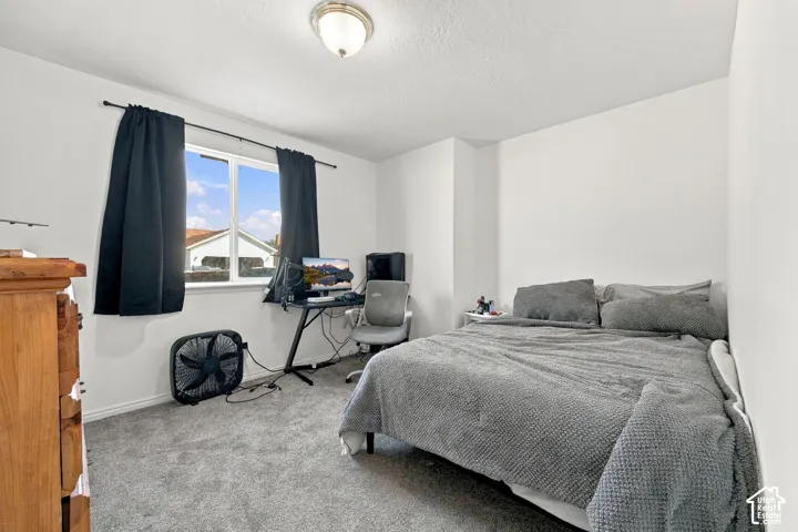 Neutral-toned carpeting, white walls, and a single-pane window featuring a metal frame