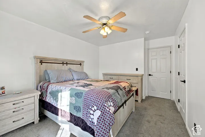 Neutral-toned interior featuring wall-to-wall carpeting, a ceiling fan with integrated lighting, and two six-panel doors with matte black hardware