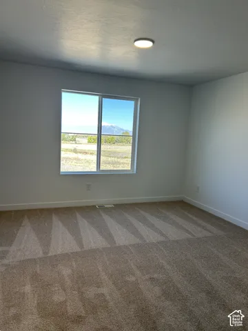 Neutral-toned interior space featuring textured carpeting, a flush-mount ceiling fixture, and a large sliding window with mountain and landscape scenery