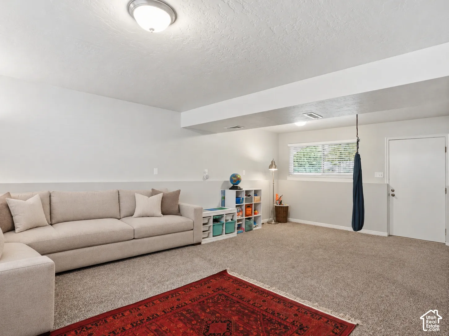 Neutral-toned interior space featuring wall-to-wall carpeting, a multi-pane window with natural light, flush-mount ceiling lighting, and a solid-core door