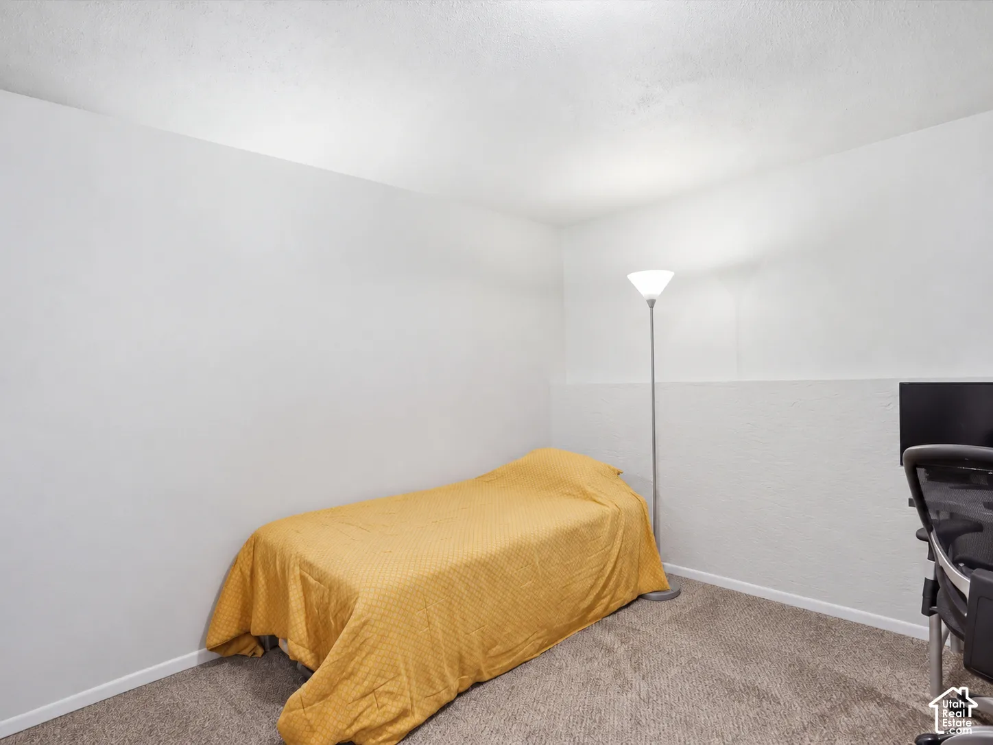 Neutral-toned carpeted flooring and white walls