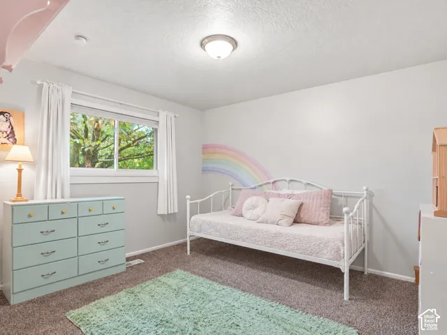 Neutral-toned interior space featuring wall-to-wall carpeting, a large sliding window, and a flush-mount ceiling light fixture