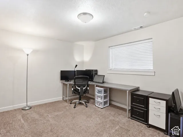 Neutral-toned interior space featuring wall-to-wall carpeting, a flush-mount ceiling light fixture, and a window with horizontal blinds