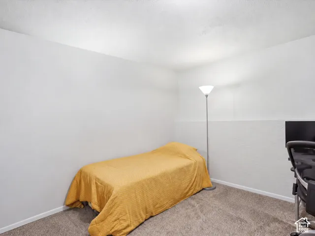 Neutral-toned carpeted flooring and white walls