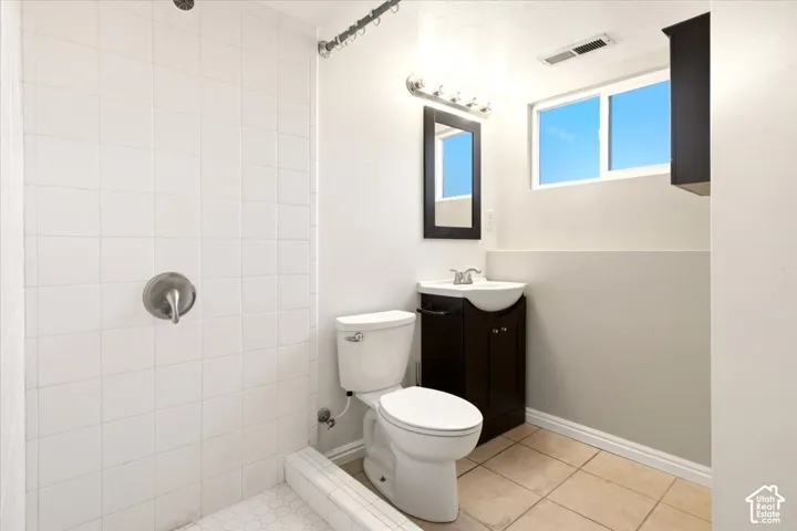 Lower level 3/4 bathroom,  shower with toilet and sink.