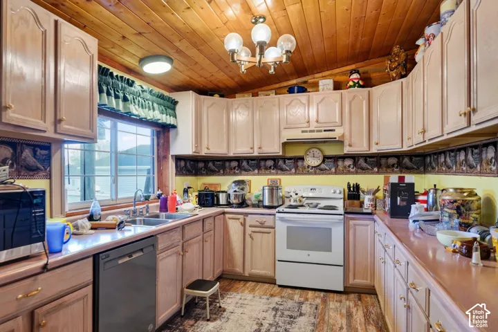 Kitchen featuring natural wood-finish vaulted ceilings, extensive light-toned cabinetry, dual-basin sink, and multi-light chandelier