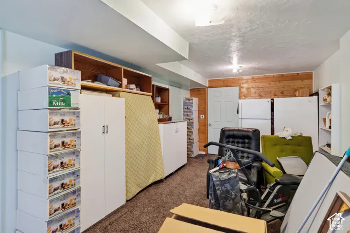 Multi-purpose room featuring built-in wood shelving, horizontal wood-plank wall paneling, and a panel door