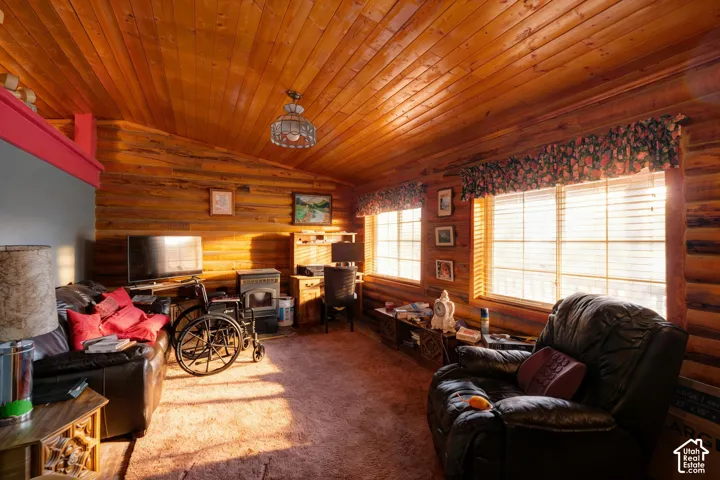 Interior space featuring log-style walls and vaulted wood-plank ceiling, wood-burning stove, and multi-pane windows
