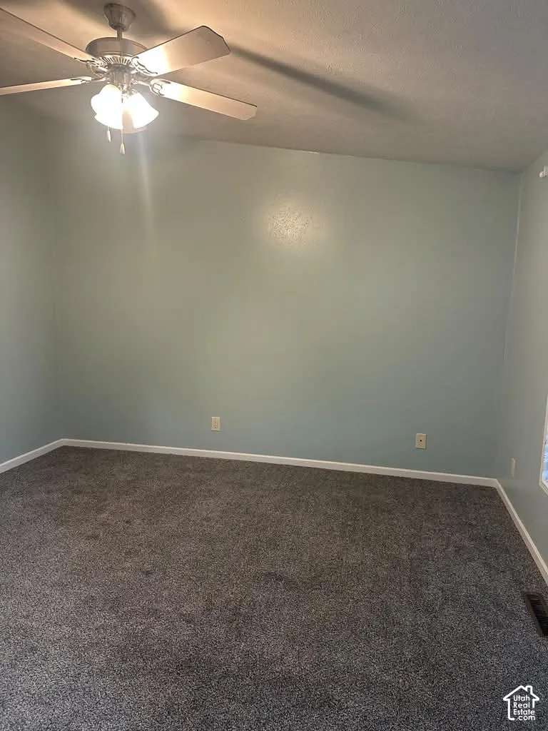 Neutral-toned wall paint, wall-to-wall carpeting, and a central ceiling fan with multi-light fixture