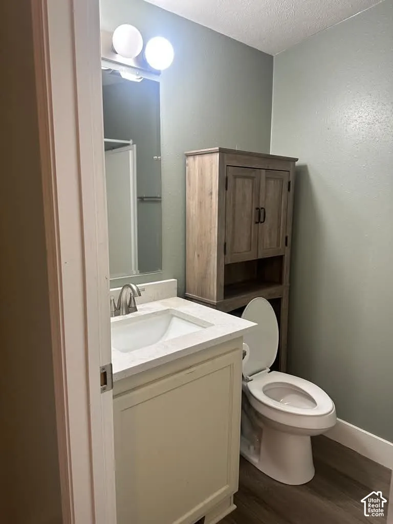 Bathroom featuring a vanity with a stone-composite countertop, an integrated rectangular sink, wood-finish flooring, and a built-in overhead storage cabinet