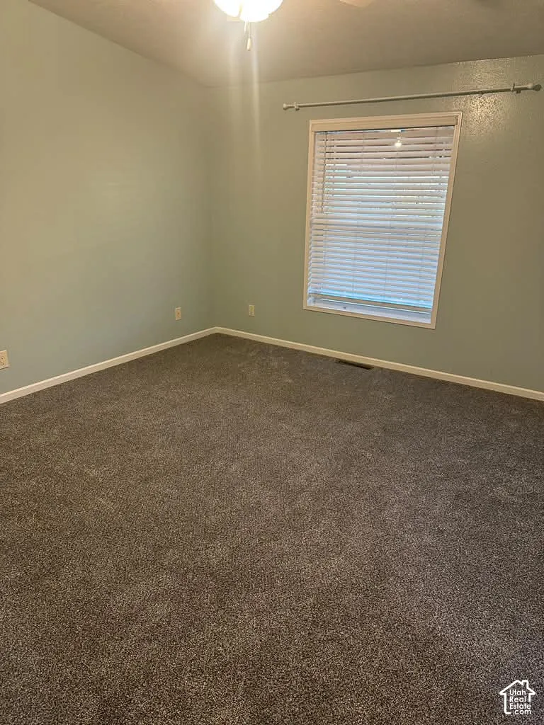 Interior room featuring wall-to-wall carpeting, a single-pane window with white horizontal blinds, and a mounted ceiling light fixture