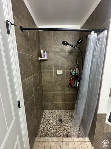 Walk-in shower featuring brown tile wall surround, pebble-texture flooring, built-in soap niche, and adjustable-height shower head