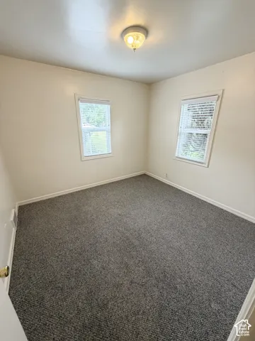 Neutral interior featuring textured wall-to-wall carpeting, dual windows, and a central flush-mount ceiling fixture