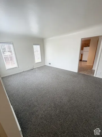 Neutral-toned carpeting, dual windows with blinds, and smooth-finish walls