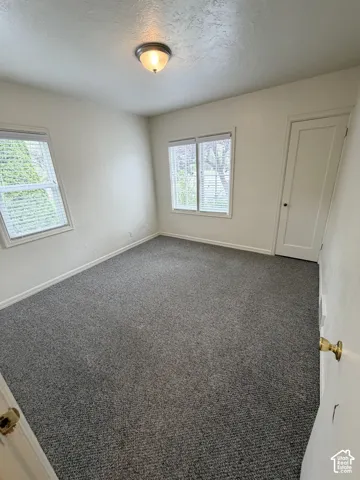 Neutral-toned interior space featuring wall-to-wall carpeting, dual windows with integrated blinds, and a central dome-style ceiling light fixture