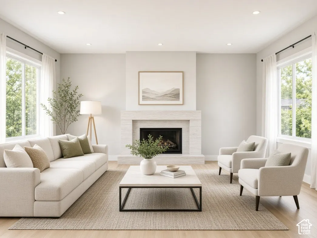 Fireplace with neutral masonry surround, recessed lighting, wood-finish flooring, and large windows