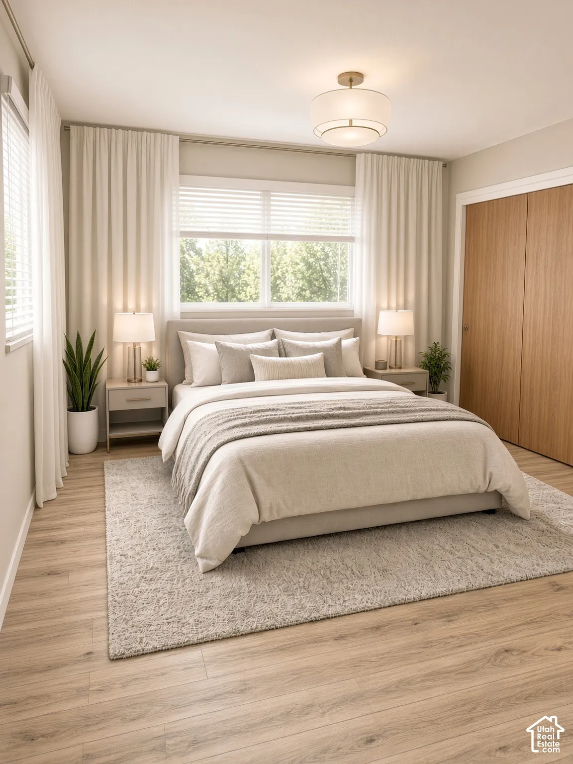 Wood-finish flooring, large windows with horizontal blinds, neutral wall tones, semi-flush mount drum lighting, and full-height wood-finish closet doors