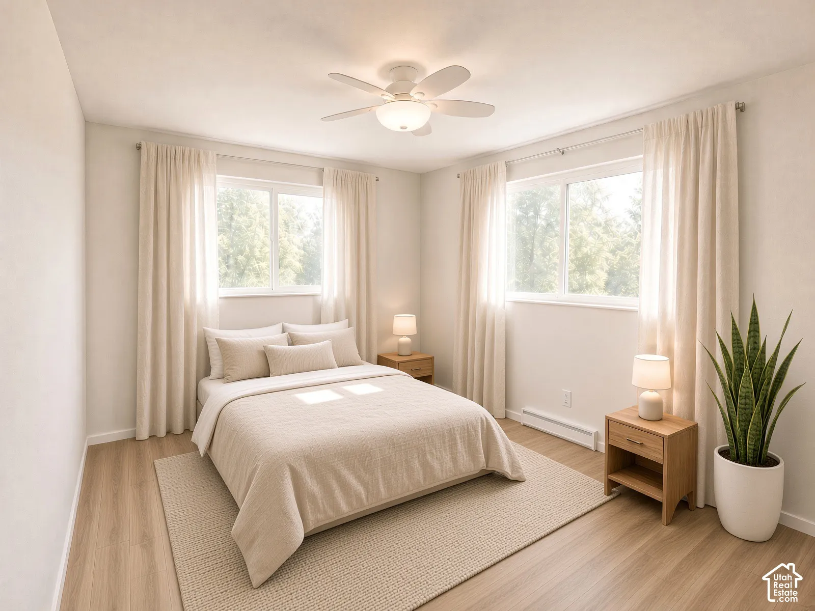 Neutral-toned room featuring wood-finish flooring, dual windows with curtain rods, and a central ceiling fan with integrated lighting